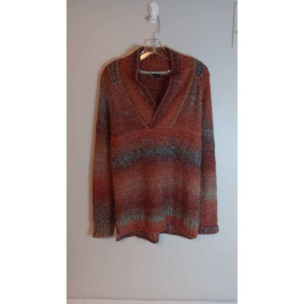 PrAna Claus Pullover Sweater Small Wide Rib V Neck Multi Color Slub Texture Knit